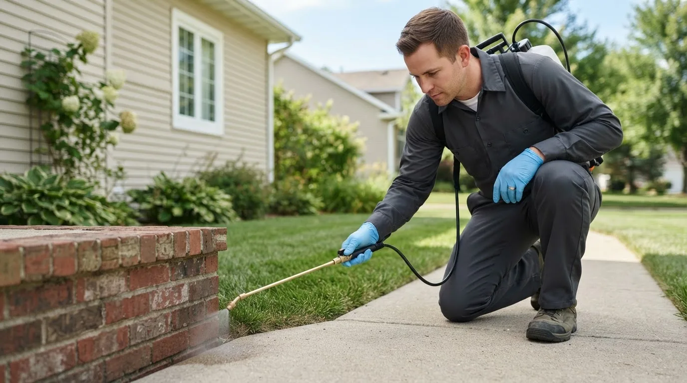 Pest control technician treating a home near Flowery Branch, GA