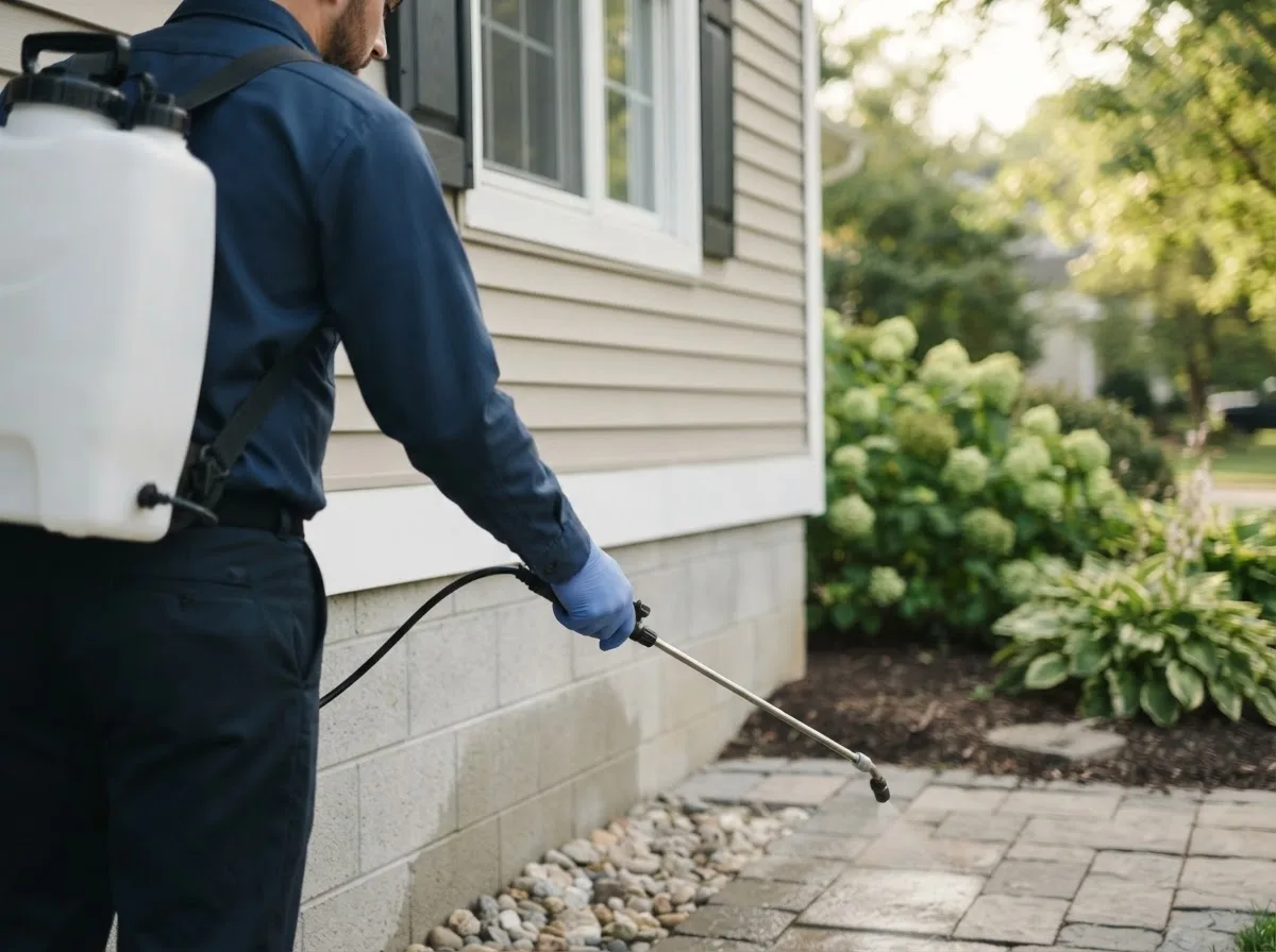 Pest control technician inspecting a home in Flowery Branch, GA